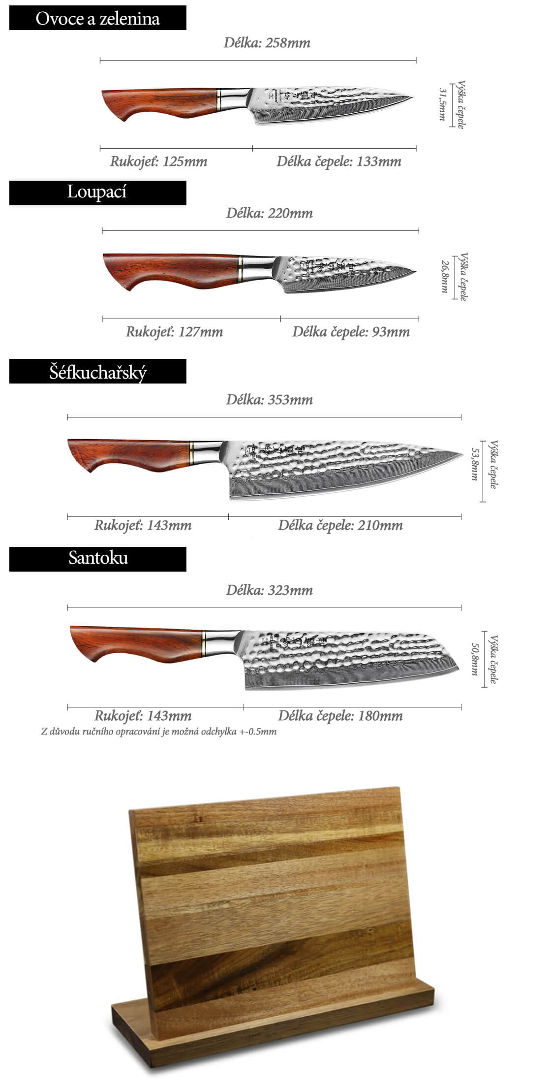 Rozměry sady nožů HezHen Master B30R